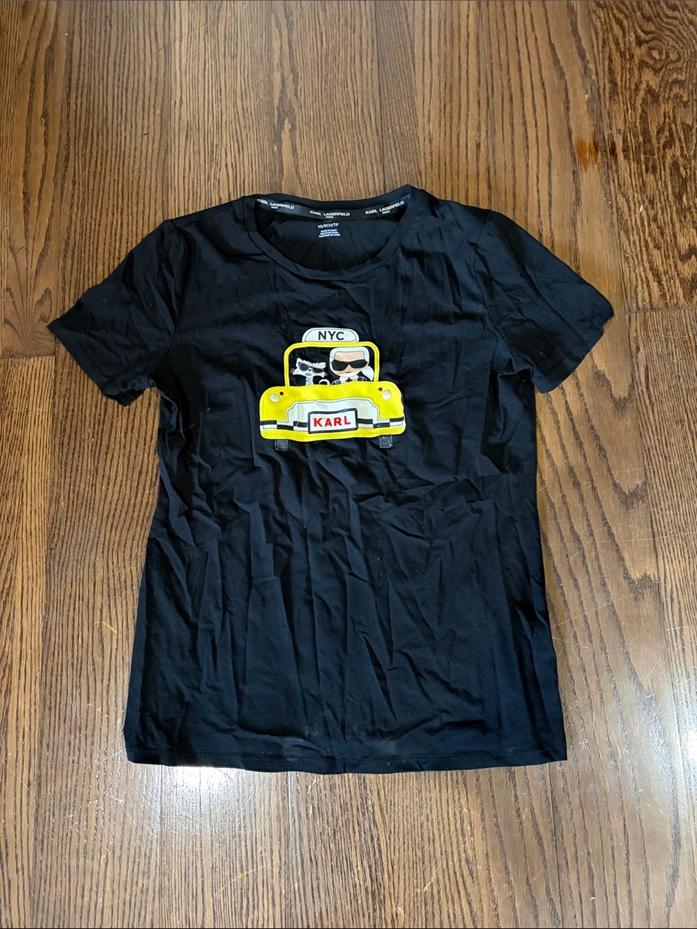 Karl Lagerfeld Black Tee with Yellow Taxi Karl logo tee bling shirt XS
